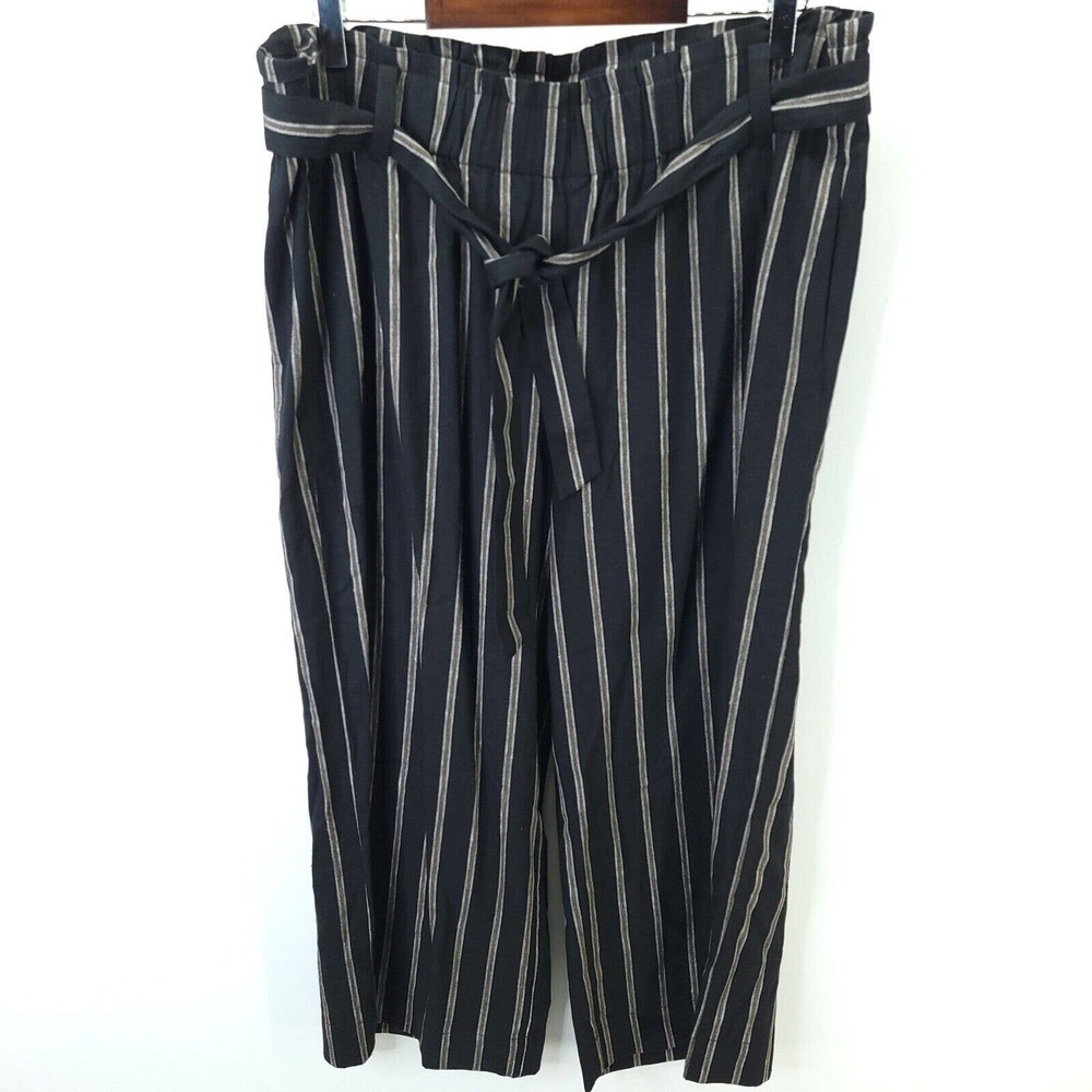 J Jill Womens Black Striped Linen Stretch Belted Wide Leg Cropped Pant Sz L NWT
